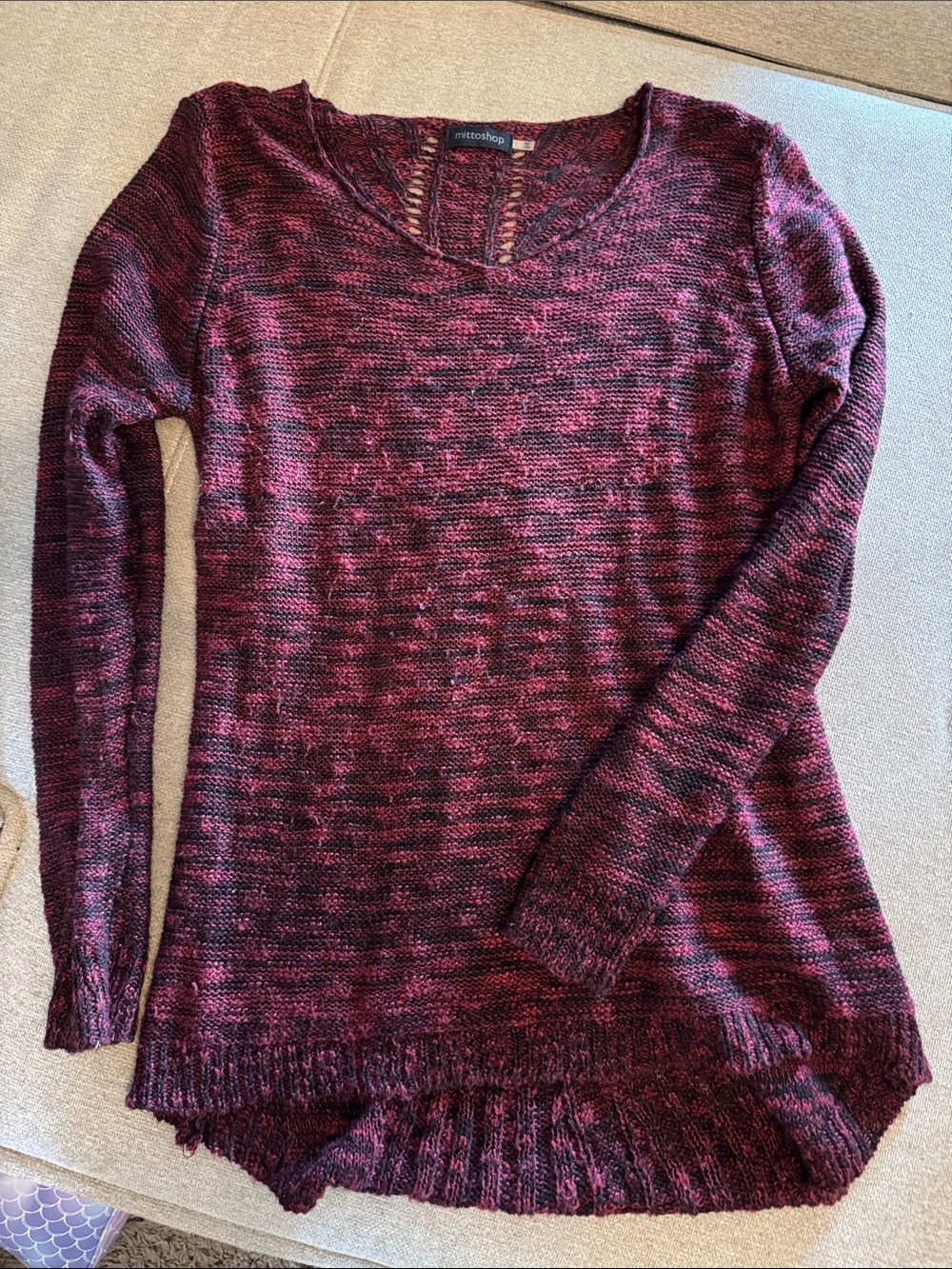 mittoshop Women's V-Neck Marled Wine and Black Knit Sweater